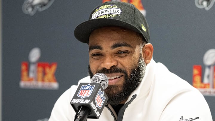 Feb 5, 2025; New Orleans, LA, USA; Philadelphia Eagles defensive end Brandon Graham speaks with the media during a press conference at Hilton New Orleans Riverside. 