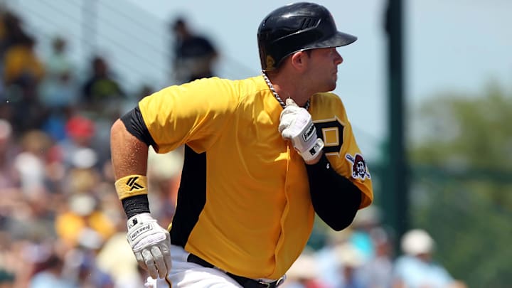 Pittsburgh Pirates first baseman Matt Hague (65) hits a double in the third inning against the Tampa Bay Rays at McKechnie Field. 