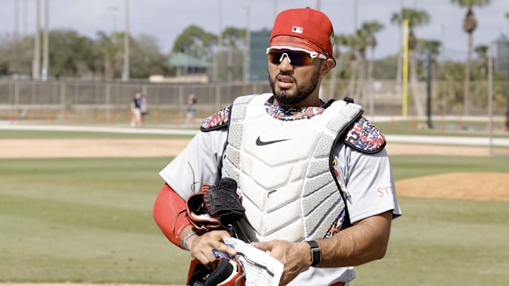 Feb 16, 2026; Jupiter, FL, USA;  St. Louis Cardinals catcher Ivan Herrera (48) during spring training workouts at Roger Dean Stadium. Mandatory Credit: Reinhold Matay-Imagn Images