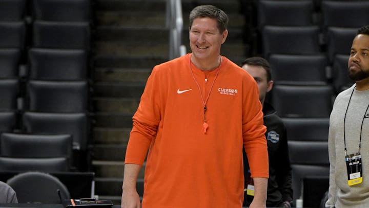 Mar 27, 2024; Los Angeles, CA, USA;  Clemson Tigers head coach Brad Brownell looks on during practice for their Sweet Sixteen college basketball game in the NCAA tournament at Crypto.com Arena. Clemson and Arizona play on Thursday. Mandatory Credit: Jayne Kamin-Oncea-Imagn Images