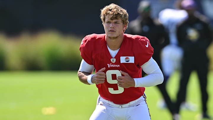 Aug 2, 2024; Eagan, MN, USA; Minnesota Vikings quarterback J.J. McCarthy (9) warms up during practice at Vikings training camp in Eagan, MN.