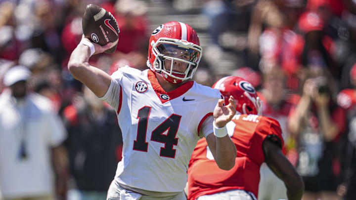 Apr 12, 2025; Athens, GA, USA; Georgia Bulldogs quarterback Gunner Stockton (14) passes during the Georgia Spring game at Sanford Stadium. Mandatory Credit: Dale Zanine-Imagn Images Apr 12, 2025; Athens, GA, USA; Georgia Bulldogs quarterback Gunner Stockton (14) passes during the Georgia Spring game at Sanford Stadium. Mandatory Credit: Dale Zanine-Imagn Images