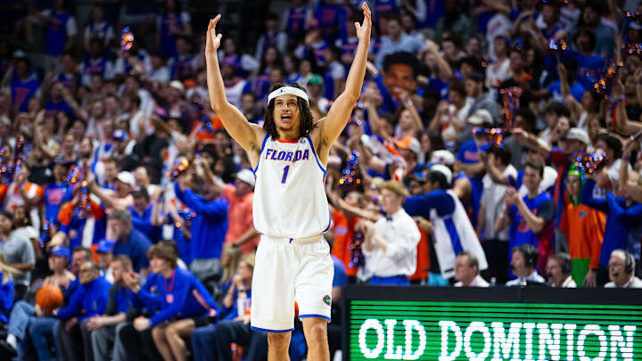 Florida Gators guard Walter Clayton Jr. (1) gets the crowd excited after the Gator's win over the Alabama Crimson Tide.