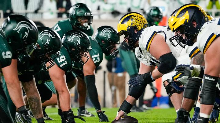 Oct 25, 2025; East Lansing, Michigan, USA; A view of the line of scrimmage during the first half of game between the Michigan State Spartans and the Michigan Wolverines at Spartan Stadium. Mandatory Credit: Brendan Mullin-Imagn Images Oct 25, 2025; East Lansing, Michigan, USA; A view of the line of scrimmage during the first half of game between the Michigan State Spartans and the Michigan Wolverines at Spartan Stadium. Mandatory Credit: Brendan Mullin-Imagn Images