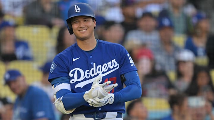 Mar 24, 2026; Los Angeles, California, USA; Los Angeles Dodgers two-way player Shohei Ohtani (17) on deck in the fourth against the Los Angeles Angels at Dodger Stadium. Mar 24, 2026; Los Angeles, California, USA; Los Angeles Dodgers two-way player Shohei Ohtani (17) on deck in the fourth against the Los Angeles Angels at Dodger Stadium.