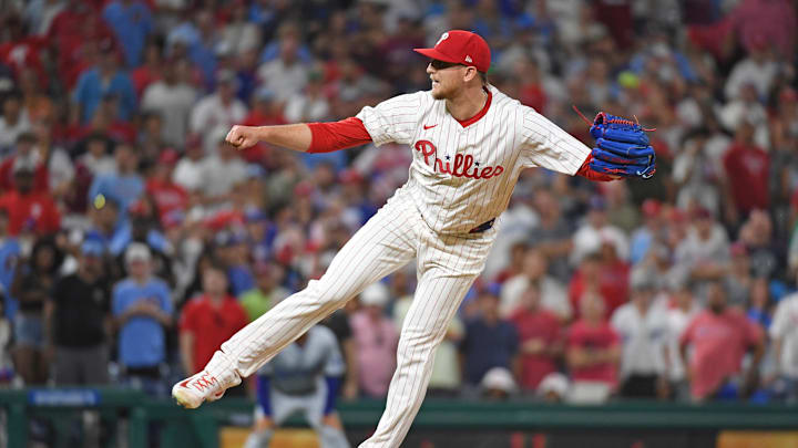 Jul 10, 2024; Philadelphia, Pennsylvania, USA; Philadelphia Phillies pitcher Jeff Hoffman (23) throws a pitch during the ninth inning against the Los Angeles Dodgers at Citizens Bank Park.