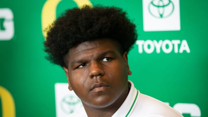 Oregon offensive lineman Josh Conerly Jr. speaks during Oregon football’s media day Monday, July 29, 2024 at Autzen Stadium in Eugene, Ore.