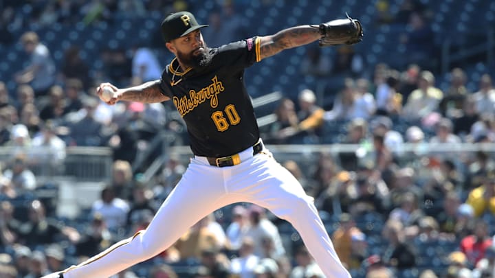 Apr 17, 2025; Pittsburgh, Pennsylvania, USA;  Pittsburgh Pirates relief pitcher Dennis Santana (60) pitches against the Washington Nationals during the ninth inning at PNC Park. Mandatory Credit: Charles LeClaire-Imagn Images