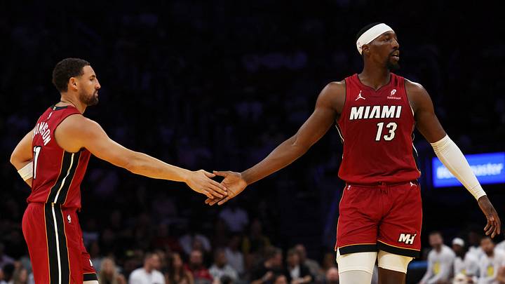 Oct 30, 2026; Miami, Florida, USA; Miami Heat center Bam Adebayo (13) high fives Miami Heat guard Klay Thompson (11) during the first quarter at Kaseya Center. Mandatory Credit: Isabella Frias-Imagn Images Oct 30, 2026; Miami, Florida, USA; Miami Heat center Bam Adebayo (13) high fives Miami Heat guard Klay Thompson (11) during the first quarter at Kaseya Center. Mandatory Credit: Isabella Frias-Imagn Images