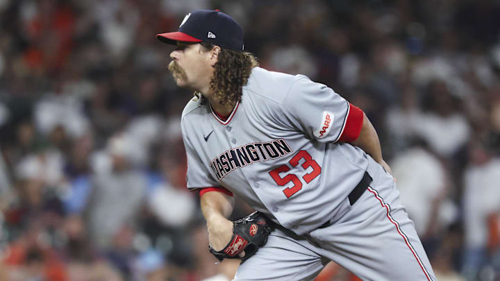 Jul 29, 2025; Houston, Texas, USA; Washington Nationals relief pitcher Andrew Chafin (53) looks in before a pitch during the fifth inning against the Houston Astros at Daikin Park. Mandatory Credit: Troy Taormina-Imagn Images