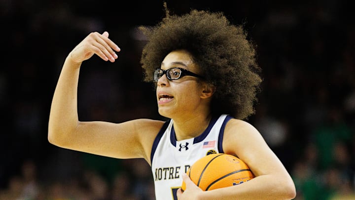 Notre Dame guard Olivia Miles calls a play during a NCAA women's basketball game between No. 3 Notre Dame and No. 24 Florida State at Purcell Pavilion on Thursday, Feb. 27, 2025, in South Bend.