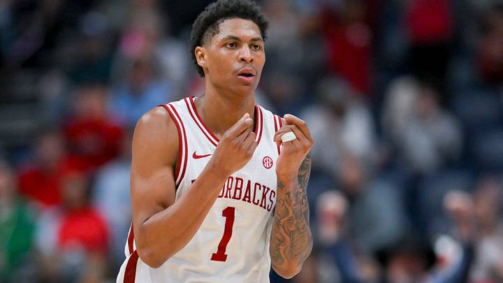 Mar 14, 2026; Nashville, TN, USA; Arkansas Razorbacks guard Meleek Thomas (1) reacts after a made three point basket during the second half at Bridgestone Arena. Mandatory Credit: Steve Roberts-Imagn Images Mar 14, 2026; Nashville, TN, USA; Arkansas Razorbacks guard Meleek Thomas (1) reacts after a made three point basket during the second half at Bridgestone Arena. Mandatory Credit: Steve Roberts-Imagn Images