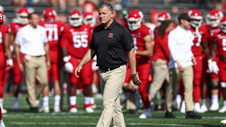 Oct 12, 2024; Piscataway, New Jersey, USA; Rutgers Scarlet Knights head coach Greg Schiano walks on the field before the game against the Wisconsin Badgers at SHI Stadium. Mandatory Credit: Vincent Carchietta-Imagn Images