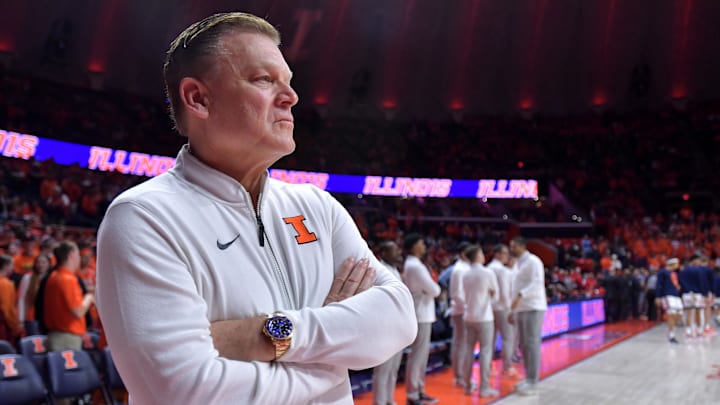 Jan 23, 2025; Champaign, Illinois, USA;  Illinois Fighting Illini head coach Brad Underwood before the tipoff of a game with the Maryland Terrapins at State Farm Center. 