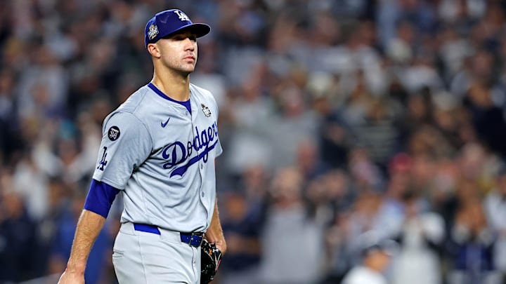 Oct 30, 2024; New York, New York, USA; Los Angeles Dodgers pitcher Jack Flaherty (0) reacts after being relieved during the second inning against the New York Yankees in game four of the 2024 MLB World Series at Yankee Stadium. 