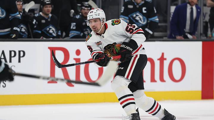 Mar 12, 2026; Salt Lake City, Utah, USA; Chicago Blackhawks defenseman Artyom Levshunov (55) takes a shot against the Utah Mammoth during the first period at Delta Center. Mandatory Credit: Rob Gray-Imagn Images