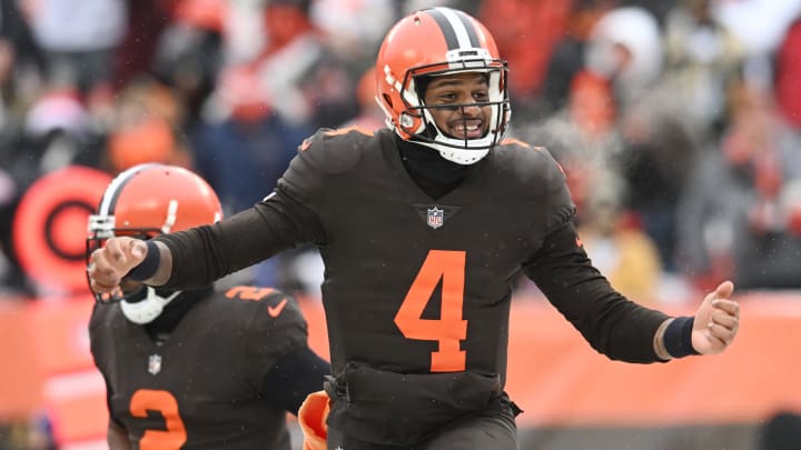 Dec 24, 2022; Cleveland, Ohio, USA; Cleveland Browns quarterback Deshaun Watson (4) celebrates after scoring a touchdown during the first half against the New Orleans Saints at FirstEnergy Stadium.