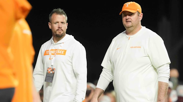 Nov 9, 2024; Knoxville, Tennessee, USA; Tennessee Volunteers head coach Josh Heupel looks on before a game between against the Mississippi State Bulldogs at Neyland Stadium. Mandatory Credit: Caitie McMekin/USA TODAY Network via Imagn Images Nov 9, 2024; Knoxville, Tennessee, USA; Tennessee Volunteers head coach Josh Heupel looks on before a game between against the Mississippi State Bulldogs at Neyland Stadium. Mandatory Credit: Caitie McMekin/USA TODAY Network via Imagn Images