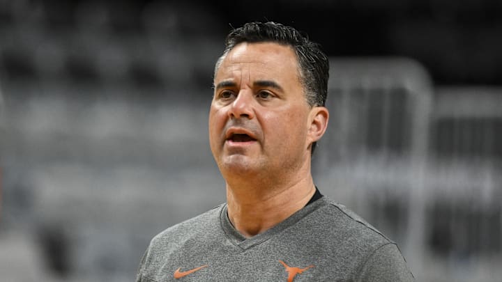 Texas Longhorns head coach Sean Miller looks on during a practice session ahead of the west regional of the men's 2026 NCAA Tournament at SAP Center. Texas Longhorns head coach Sean Miller looks on during a practice session ahead of the west regional of the men's 2026 NCAA Tournament at SAP Center.