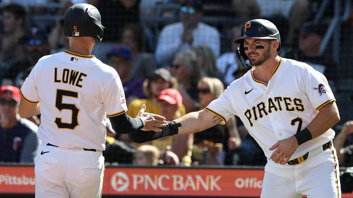May 30, 2026; Pittsburgh, Pennsylvania, USA; Pittsburgh Pirates second baseman Brandon Lowe (5) and first baseman Spencer Horwitz (2) celebrate after both players scored runs against the Minnesota Twins during the second inning at PNC Park. Mandatory Credit: Charles LeClaire-Imagn Images May 30, 2026; Pittsburgh, Pennsylvania, USA; Pittsburgh Pirates second baseman Brandon Lowe (5) and first baseman Spencer Horwitz (2) celebrate after both players scored runs against the Minnesota Twins during the second inning at PNC Park. Mandatory Credit: Charles LeClaire-Imagn Images