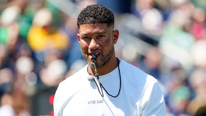 Notre Dame head coach Marcus Freeman during the Blue-Gold spring game at Notre Dame Stadium on Saturday, April 25, 2026, in South Bend.