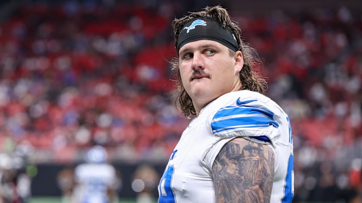 Aug 8, 2025; Atlanta, Georgia, USA; Detroit Lions guard Tate Ratledge (69) after an injury to safety Morice Norris (not pictured) against the Atlanta Falcons in the fourth quarter at Mercedes-Benz Stadium. Mandatory Credit: Brett Davis-Imagn Images Aug 8, 2025; Atlanta, Georgia, USA; Detroit Lions guard Tate Ratledge (69) after an injury to safety Morice Norris (not pictured) against the Atlanta Falcons in the fourth quarter at Mercedes-Benz Stadium. Mandatory Credit: Brett Davis-Imagn Images