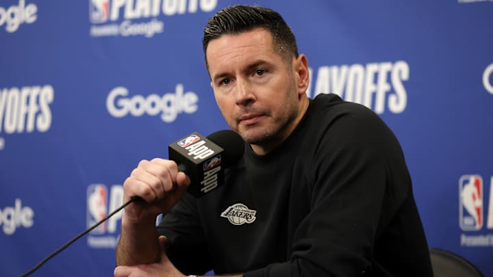 Los Angeles Lakers head coach JJ Redick speaks to media before Game 2 of their first-round playoff series against the Minnesota Timberwolves at Crypto.com Arena in Los Angeles on April 22, 2025.