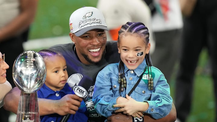 Philadelphia Eagles running back Saquon Barkley was all smiles after capturing his first Super Bowl title as a professional.