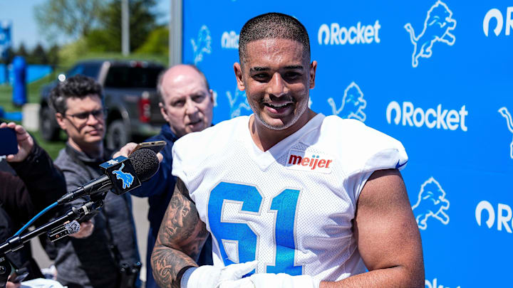 Detroit Lions defensive lineman Ahmed Hassanein (61) speaks after practice during rookie mini camp at Meijer Performance Center in Allen Park on Friday, May 9, 2025.