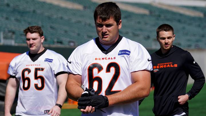 Cincinnati Bengals offensive tackle Brian Parker II (62) lines up for a drill during a rookie mini camp workout at the Bengals practice facility in downtown Cincinnati on Friday, May 8, 2026. Cincinnati Bengals offensive tackle Brian Parker II (62) lines up for a drill during a rookie mini camp workout at the Bengals practice facility in downtown Cincinnati on Friday, May 8, 2026.