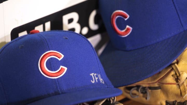 Sep 26, 2016; Pittsburgh, PA, USA; A detail view of a tribute to Miami Marlin pitcher Jose Fernandez on the hat worn by Chicago Cubs center fielder Albert Almora Jr. (not pictured) against the Pittsburgh Pirates at PNC Park. Mandatory Credit: Charles LeClaire-Imagn Images