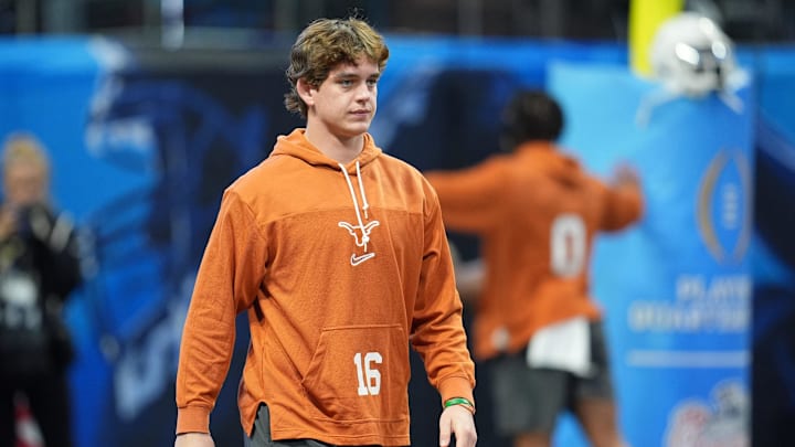 Jan 1, 2025; Atlanta, GA, USA; Texas Longhorns quarterback Arch Manning (16) warms up before the Peach Bowl at Mercedes-Benz Stadium. Mandatory Credit: Dale Zanine-Imagn Images