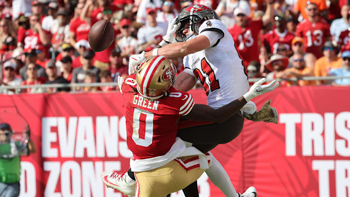 Nov 10, 2024; Tampa, Florida, USA; San Francisco 49ers cornerback Renardo Green (0) breaks up Tampa Bay Buccaneers wide receiver Ryan Miller (81) catch during the second half at Raymond James Stadium. Mandatory Credit: Kim Klement Neitzel-Imagn Images Nov 10, 2024; Tampa, Florida, USA; San Francisco 49ers cornerback Renardo Green (0) breaks up Tampa Bay Buccaneers wide receiver Ryan Miller (81) catch during the second half at Raymond James Stadium. Mandatory Credit: Kim Klement Neitzel-Imagn Images