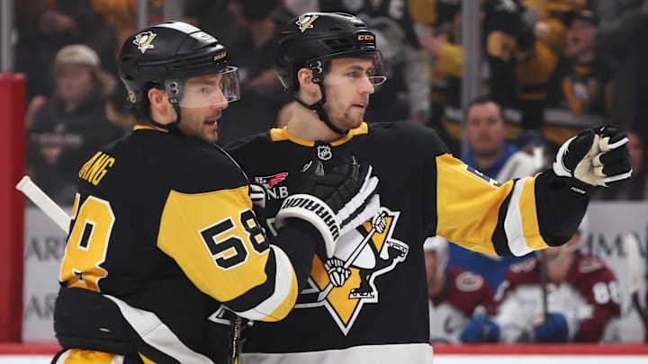 Mar 24, 2026; Pittsburgh, Pennsylvania, USA; Pittsburgh Penguins defenseman Kris Letang (58) congratulates right wing Egor Chinakhov (59) on his goal against the Colorado Avalanche during the first period at PPG Paints Arena. Mandatory Credit: Charles LeClaire-Imagn Images Mar 24, 2026; Pittsburgh, Pennsylvania, USA; Pittsburgh Penguins defenseman Kris Letang (58) congratulates right wing Egor Chinakhov (59) on his goal against the Colorado Avalanche during the first period at PPG Paints Arena. Mandatory Credit: Charles LeClaire-Imagn Images
