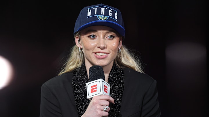 Apr 14, 2025; New York, New York, USA; Paige Bueckers is interviewed by ESPN after being selected with the number one overall pick to the Dallas Wings in the 2025 WNBA Draft at The Shed at Hudson Yards. Mandatory Credit: Vincent Carchietta-Imagn Images