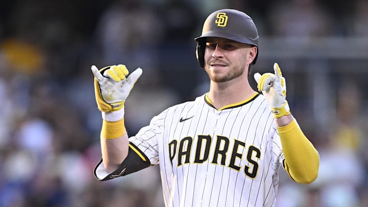 Sep 27, 2025; San Diego, California, USA; San Diego Padres first baseman Ryan O'Hearn (32) gestures after hitting a double during the second inning against the Arizona Diamondbacks at Petco Park. Mandatory Credit: Denis Poroy-Imagn Images
