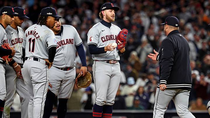 Oct 15, 2024: Cleveland Guardians manager Stephen Vogt pulls pitcher Tanner Bibee (28) from the game during the second inning against the New York Yankees in game two of the ALCS for the 2024 MLB Playoffs at Yankee Stadium. Credit: Vincent Carchietta-Imagn Images