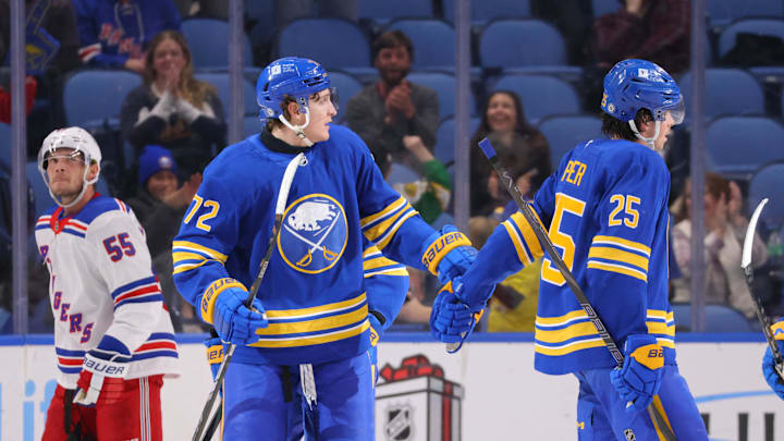 Dec 11, 2024; Buffalo, New York, USA;  Buffalo Sabres center Tage Thompson (72) reacts after scoring a goal during the third period against the New York Rangers at KeyBank Center. Mandatory Credit: Timothy T. Ludwig-Imagn Images