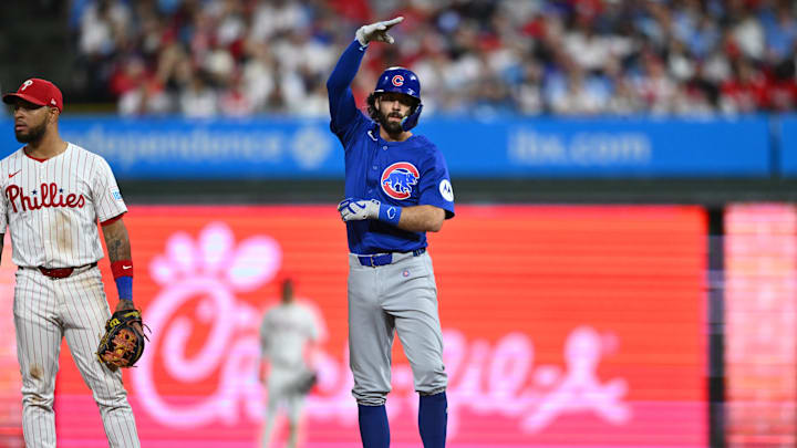 Sep 24, 2024; Philadelphia, Pennsylvania, USA; Chicago Cubs infielder Dansby Swanson (7) reacts after hitting a double against the Philadelphia Phillies in the sixth inning at Citizens Bank Park. Sep 24, 2024; Philadelphia, Pennsylvania, USA; Chicago Cubs infielder Dansby Swanson (7) reacts after hitting a double against the Philadelphia Phillies in the sixth inning at Citizens Bank Park.