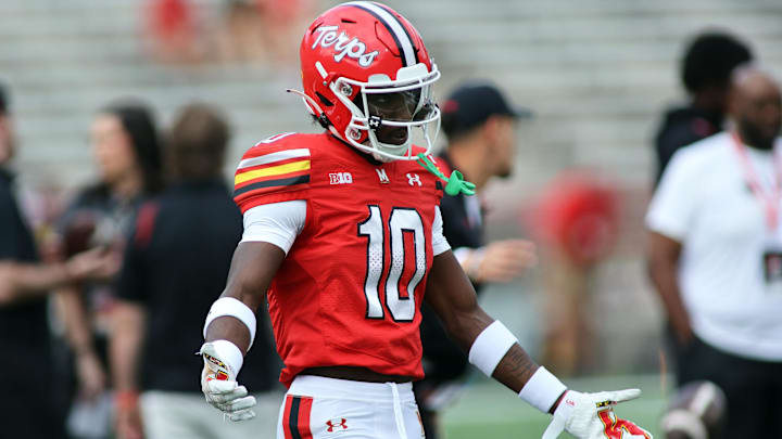 Sep 21, 2024; College Park, Maryland, USA; Maryland Terrapins wide receiver Tai Felton (10) in action before a game against the Villanova Wildcats at SECU Stadium.