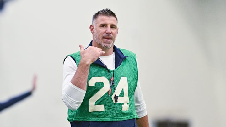 Jun 10, 2025; Foxborough, MA, USA; New England Patriots head coach Mike Vrabel gestures during minicamp held in the WIN Field House at Gillette Stadium. Mandatory Credit: Eric Canha-Imagn Images