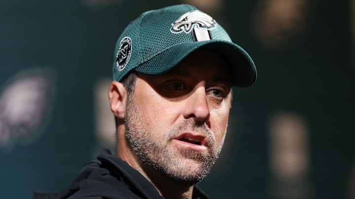 May 28, 2025; Philadelphia, PA, USA;  Philadelphia Eagles offensive coordinator Kevin Patullo speaks with the media at NovaCare Complex. Mandatory Credit: Bill Streicher-Imagn Images