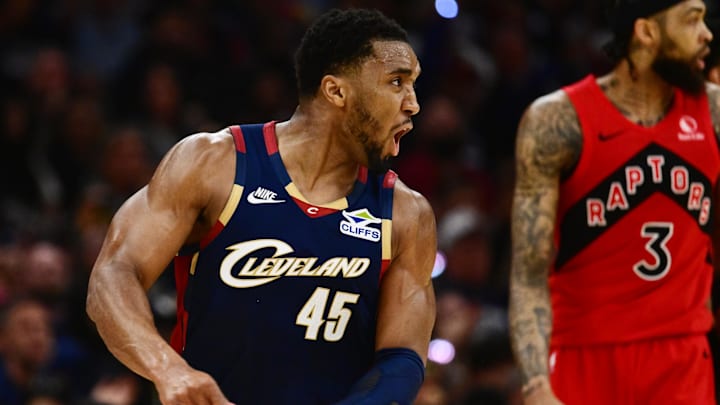 Apr 18, 2026; Cleveland, Ohio, USA; Cleveland Cavaliers guard Donovan Mitchell (45) celebrates after hitting a three point basket against the Toronto Raptors during the second half of game one in the first round of the 2026 NBA Playoffs at Rocket Arena. Mandatory Credit: Ken Blaze-Imagn Images