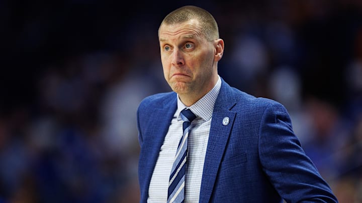 Feb 7, 2026; Lexington, Kentucky, USA; Kentucky Wildcats head coach Mark Pope reacts to the action during the first half against the Tennessee Volunteers at Rupp Arena at Central Bank Center. Mandatory Credit: Jordan Prather-Imagn Images