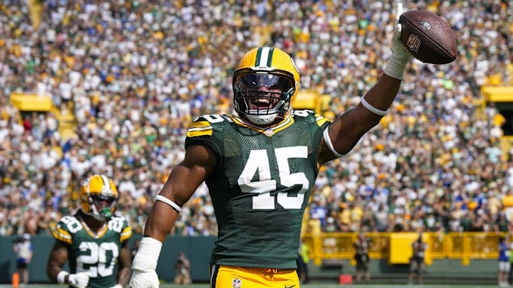 Green Bay Packers linebacker Eric Wilson (45) celebrates following an interception during the fourth quarter against the Indianapolis Colts.