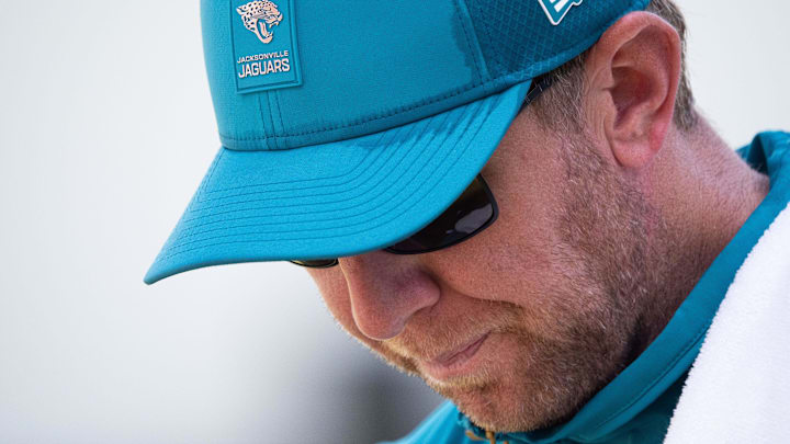 Jacksonville Jaguars Head Coach Liam Coen hangs his head while talking with Jacksonville Jaguars General Manager James Gladstone after the Jacksonville Jaguars’ 18th and final training camp practice at Miller Electric Center in Jacksonville, Fla. Wednesday August 20, 2025. [Doug Engle/Florida Times-Union]