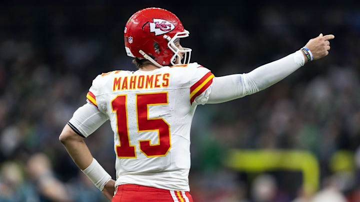 Feb 9, 2025; New Orleans, LA, USA; Detailed view of the jersey of Kansas City Chiefs quarterback Patrick Mahomes (15) against the Philadelphia Eagles in Super Bowl LIX at Ceasars Superdome. Mandatory Credit: Mark J. Rebilas-Imagn Images