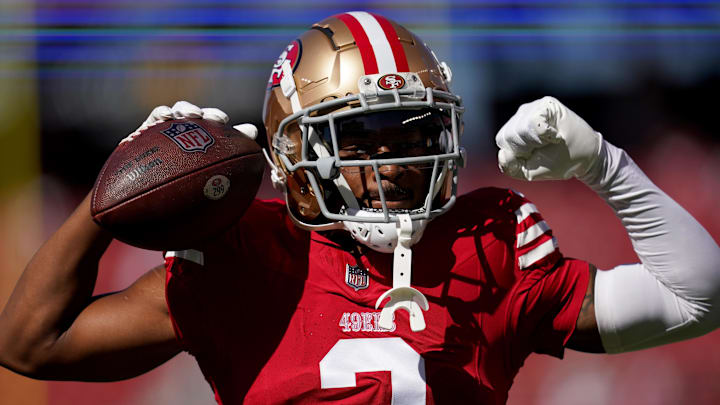 Oct 20, 2024; Santa Clara, California, USA; San Francisco 49ers cornerback Deommodore Lenoir (2) flexes before the start of the game against the Kansas City Chiefs at Levi's Stadium. Mandatory Credit: Cary Edmondson-Imagn Images