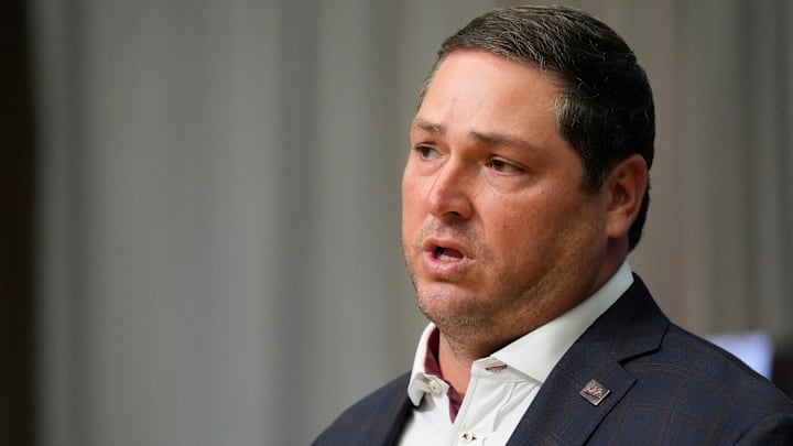 Mississippi State coach Jeff Lebby speaks in the Main Media Room during SEC Media Days at the College Football Hall of Fame in Atlanta.