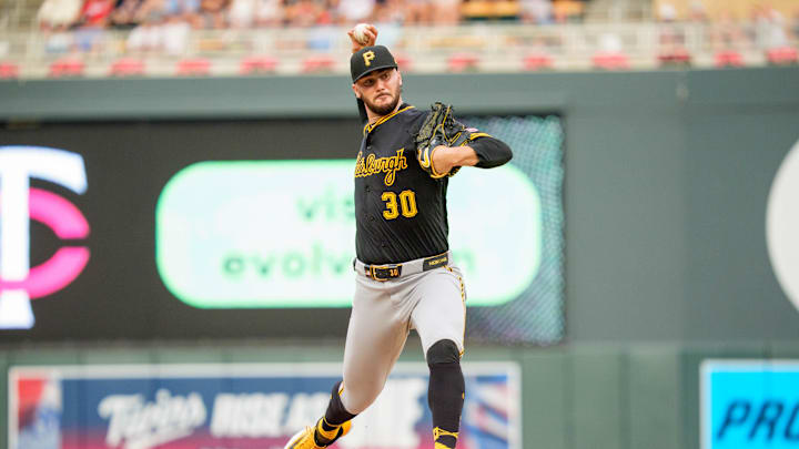 Minneapolis, Minnesota, USA; Pittsburgh Pirates starting pitcher Paul Skenes (30) pitches to the Minnesota Twins in the first inning at Target Field.